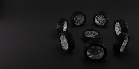 Wheels describe a circular motion around another wheel. Roundabout Circulation on a dark gray background. 3D illustrationの写真素材