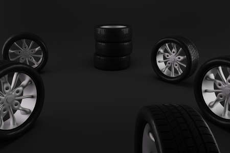 Wheels are going to take a rest on a dark gray background. 3D illustrationの写真素材