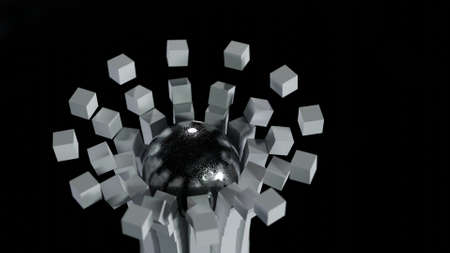The ball breaks a construction consisting of cubes in a slow-motion 3d rendering