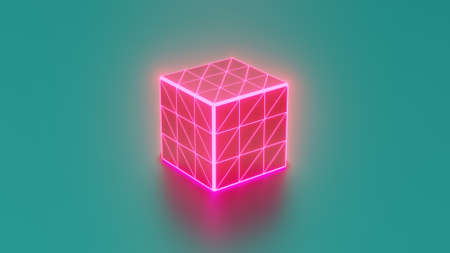 cube with pink glowing light 3d renderの写真素材