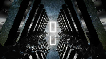 Sci-fi way in galaxy, lights reflection in the night 3d illustration