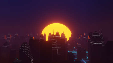 Sci-fi abstract city landscape during sunset 3d illustrationの写真素材