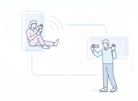 Video call on phone illustration: face to face video chat, mobile video conferencing and online meeting, socializing in the new normal. editable stroke vector illustrationのイラスト素材