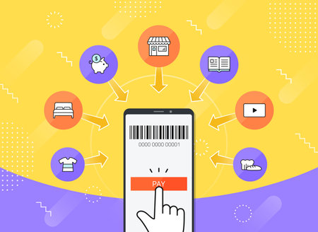 Online shopping platform vector illustration: offline to online service, mobile in retail, mobile eCommerceのイラスト素材