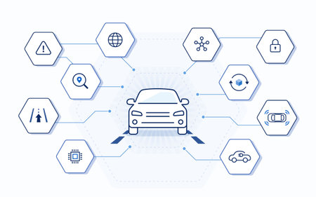AI electric vehicle, autonomous car. Artificial Intelligence, automatic sensor icons vector illustrationのイラスト素材