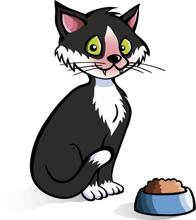 A happy, black cartoon cat with a bowl of cat food.のイラスト素材