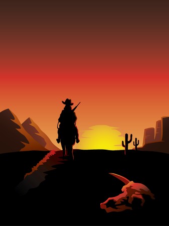 A lonesome cowboy on a horse rides off into the sunset in a barren desert with an animal skull in the foreground.のイラスト素材