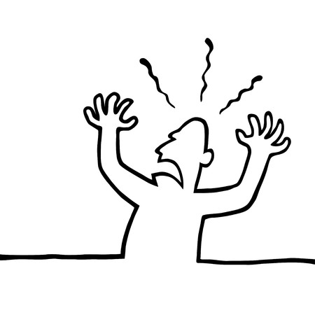 Black and white line drawing of an angry person with his hands in the air.のイラスト素材