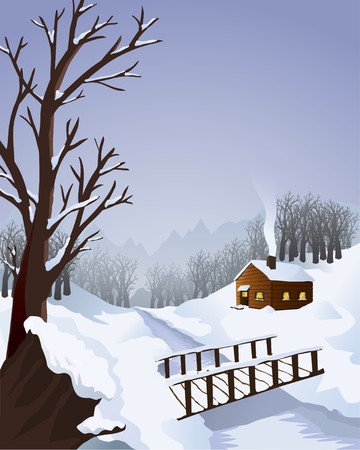 A typical winter landscape with a cottage in the woods. Includes a footbridge and trees.のイラスト素材