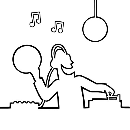 Black and white illustration of a disc jockey (DJ) behind a turntable plays a record in a disco, holding a vinyl record in his hand.のイラスト素材
