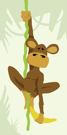 A monkey hanging on a vine and holding a banana. Includes a jungle background on a separate layer.のイラスト素材