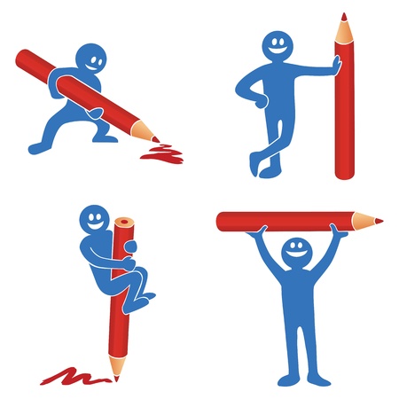 Blue stick figure with red pencilのイラスト素材