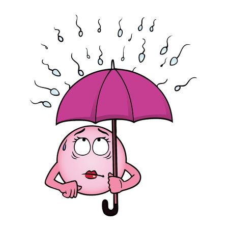 Egg cell holding an umbrella against a rain of sperm.のイラスト素材