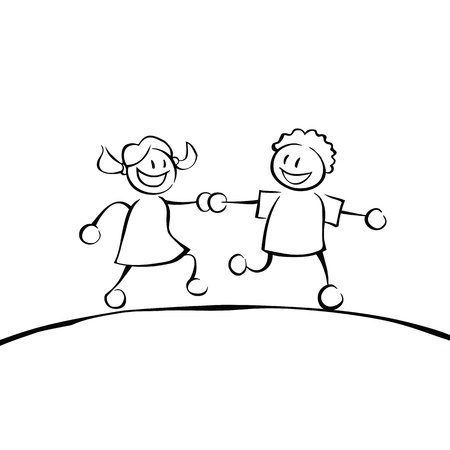 Two black and white kids holding hands and running on a hill.のイラスト素材