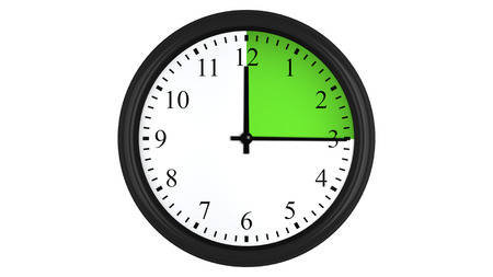 Wall clock showing a 15 minutes green time interval, isolated on a white background. Realistic 3D computer generated image.の写真素材