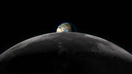 Planet Earth rising over the Moon horizon, partially visible on a black background. Digital 3D...