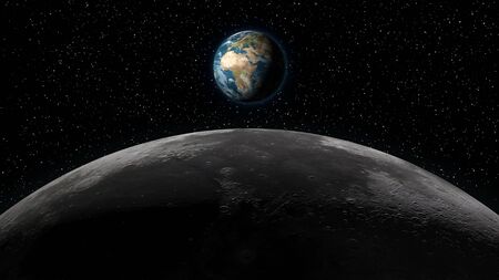 Planet Earth rising over the Moon horizon, in full view. Digital 3D illustration. Elements of this illustration are furnished by NASA.の写真素材