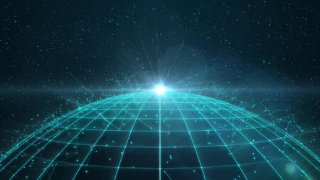 Wireframe globe with light on top and particles around it. Stars in the background.