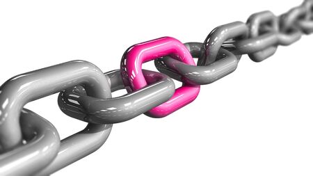 A single pink colored link in a chain. Conceptual image depicting being unique and standing out....