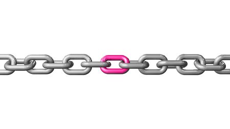 A single pink colored link in a chain. Conceptual image depicting being unique and standing out. LGBT pride concept. 3D rendered illustration. Horizontal version.の写真素材