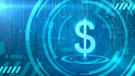 Dollar symbol on a cyan background with HUD elements related to computer technology.の写真素材