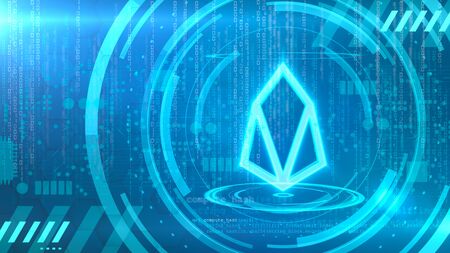 EOS symbol on a cyan background with HUD elements related to computer technology.の写真素材
