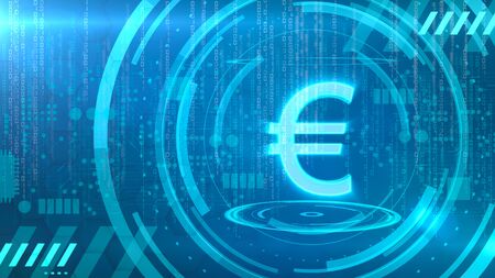 Euro symbol on a cyan background with HUD elements related to computer technology.の写真素材