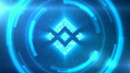 Blue Binance Coin symbol centered on a starscape background with HUD elements.の写真素材