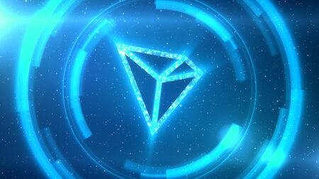 Blue TRON symbol centered on a starscape background with HUD elements.の写真素材