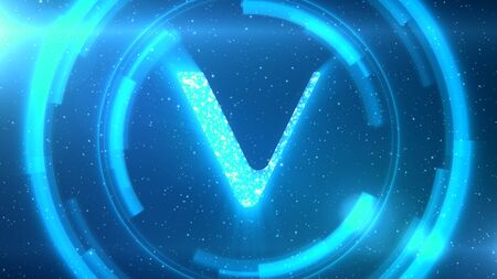 Blue Vechain symbol centered on a starscape background with HUD elements.の写真素材