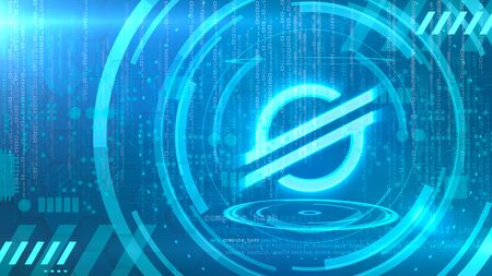 Stellar symbol on a cyan background with HUD elements related to computer technology.の写真素材