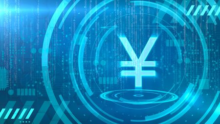 Yen symbol on a cyan background with HUD elements related to computer technology.の写真素材