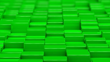 Grid of green cubes in a randomized pattern. Medium shot. 3D computer generated background image.の写真素材