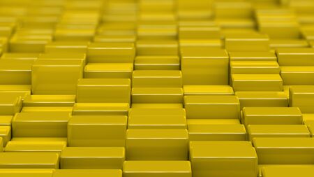 Grid of yellow cubes in a randomized pattern. Medium shot. 3D computer generated background image.の写真素材