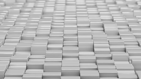 Grid of white cubes in a randomized pattern. Wide shot. 3D computer generated background image.の写真素材