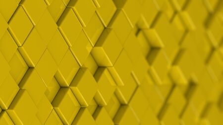 Grid of yellow cubes in a randomized pattern. Medium shot. 3D computer generated background image.の写真素材