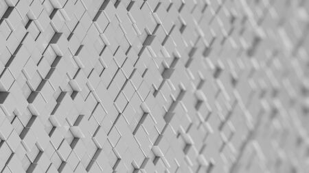 Grid of white cubes in a randomized pattern. Wide shot. 3D computer generated background image.の写真素材