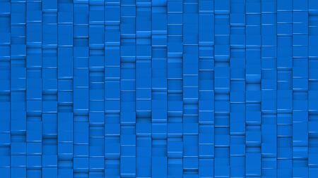 Grid of blue cubes in a randomized pattern. Wide shot. 3D computer generated background image.の写真素材