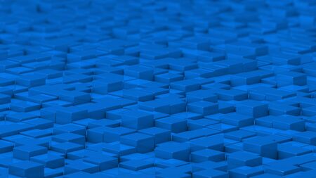 Grid of blue cubes in a randomized pattern. Wide shot. 3D computer generated background image.の写真素材
