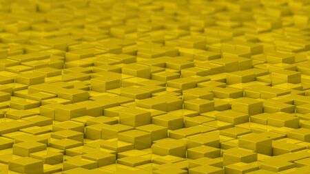 Grid of yellow cubes in a randomized pattern. Wide shot. 3D computer generated background image.の写真素材