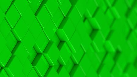 Grid of green cubes in a randomized pattern. Medium shot. 3D computer generated background image.の写真素材