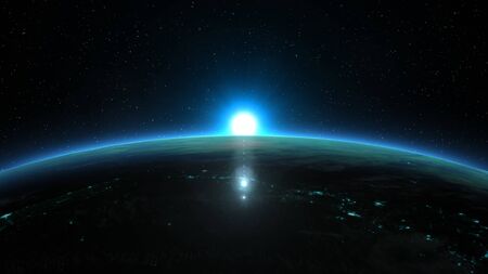 Beautiful view from space of the Sun rising over Planet Earth. Blue version.の写真素材
