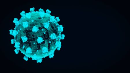 Cyan-colored coronavirus particle on a dark blue background. 3D wireframe render. Copyspace on the right.の写真素材