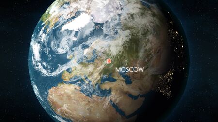 3D illustration depicting the location of Moscow, capital of Russia, on a globe seen from space.の写真素材
