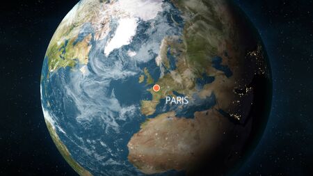 3D illustration depicting the location of Paris, France on a globe seen from space.の写真素材