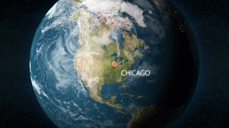 3D illustration depicting the location of Chicago, Illinois in the United States of America, on a globe seen from space.の写真素材