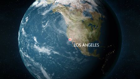 3D illustration depicting the location of Los Angeles, California in the United States of America, on a globe seen from space.の写真素材