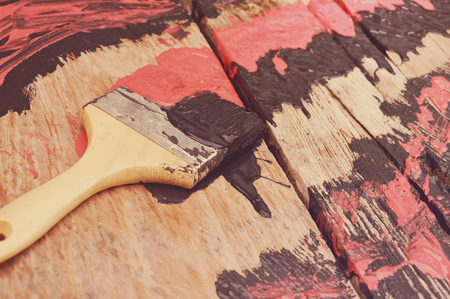 painting on wooden wallの写真素材