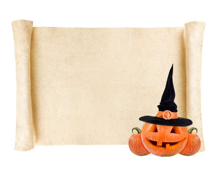 Halloween background - scroll with pumpkin lantern and witch hat on white backgroundの写真素材