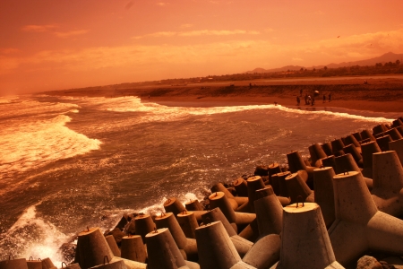 atmosphere and community activities while on vacation at the beach glagah, yogyakarta の写真素材